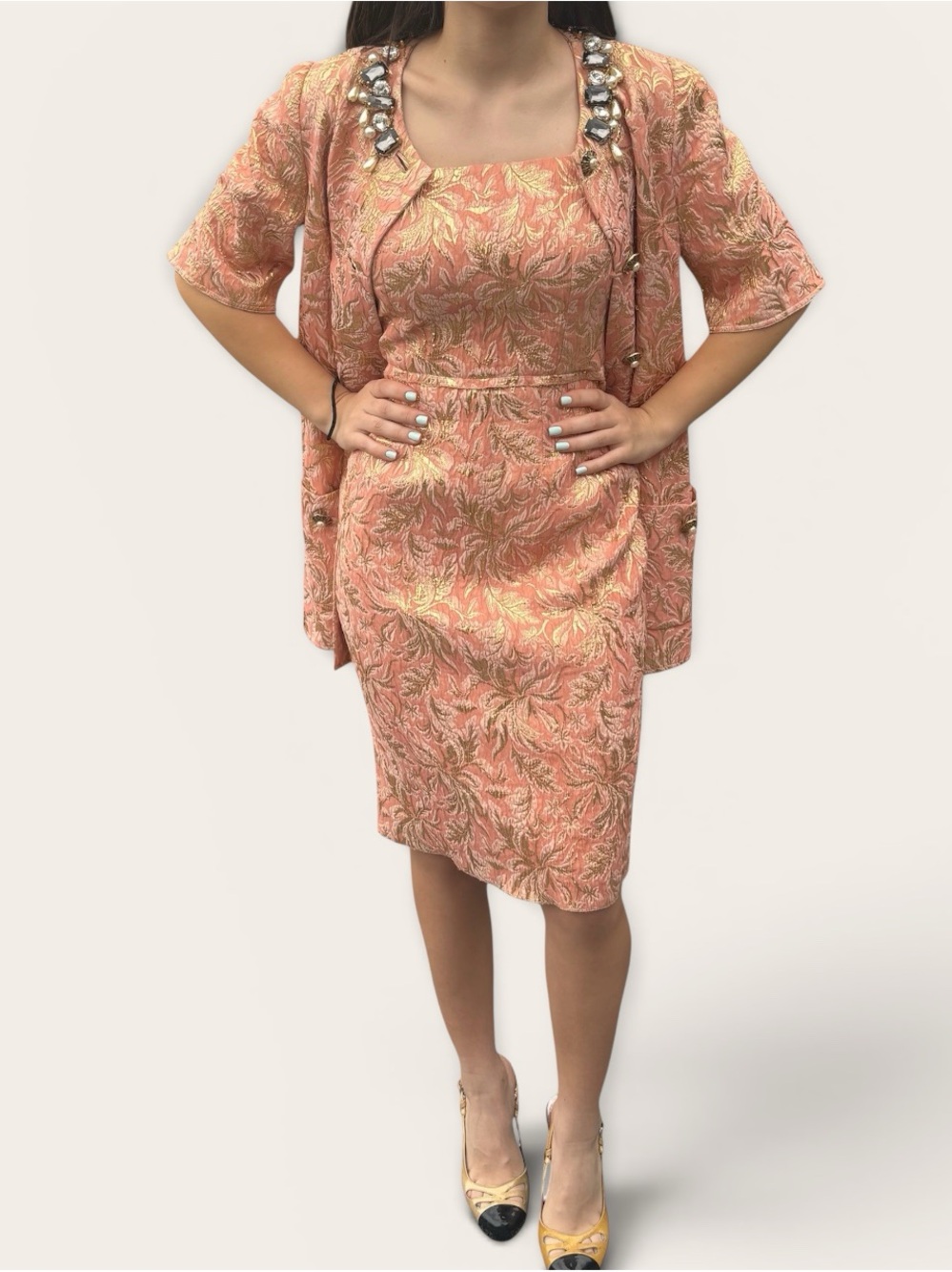Dolce & Gabbana peach and gold floral dress with brocade embellished jacket